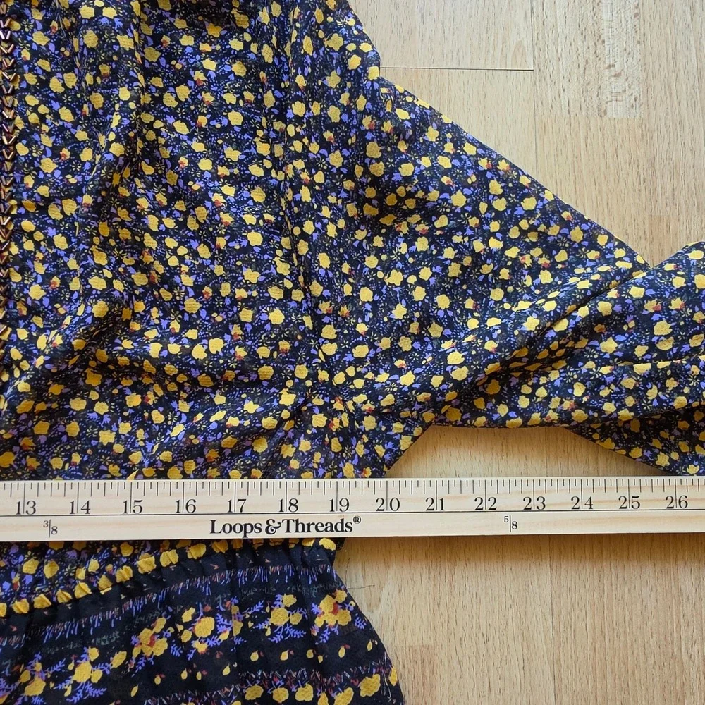 Free People Floral Beaded Peplum Crop Blouse XS Black Yellow Dolman Sleeve